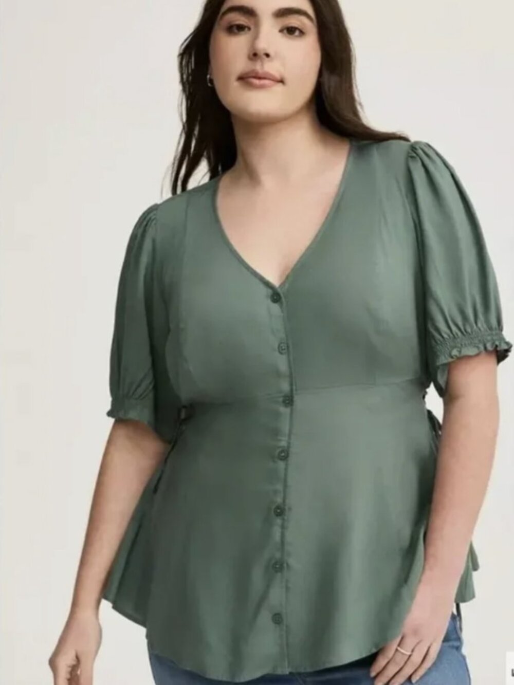Torrid 2X Blouse Challis Side Tie Short Sleeve Peplum Top Warm Autumn Fall Green